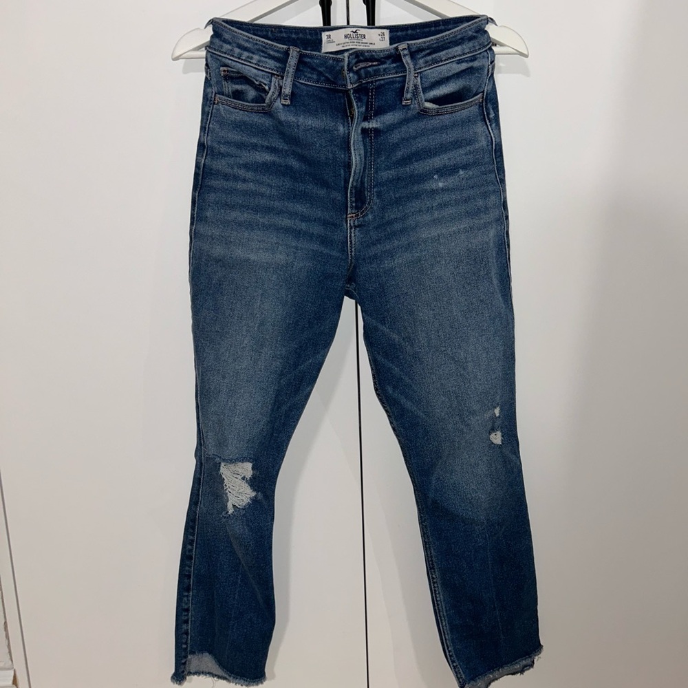 Hollister Women's Distressed Straight Leg Jeans - Dark Blue